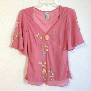Anthropologie Odille pink Silk Embroidered top  6